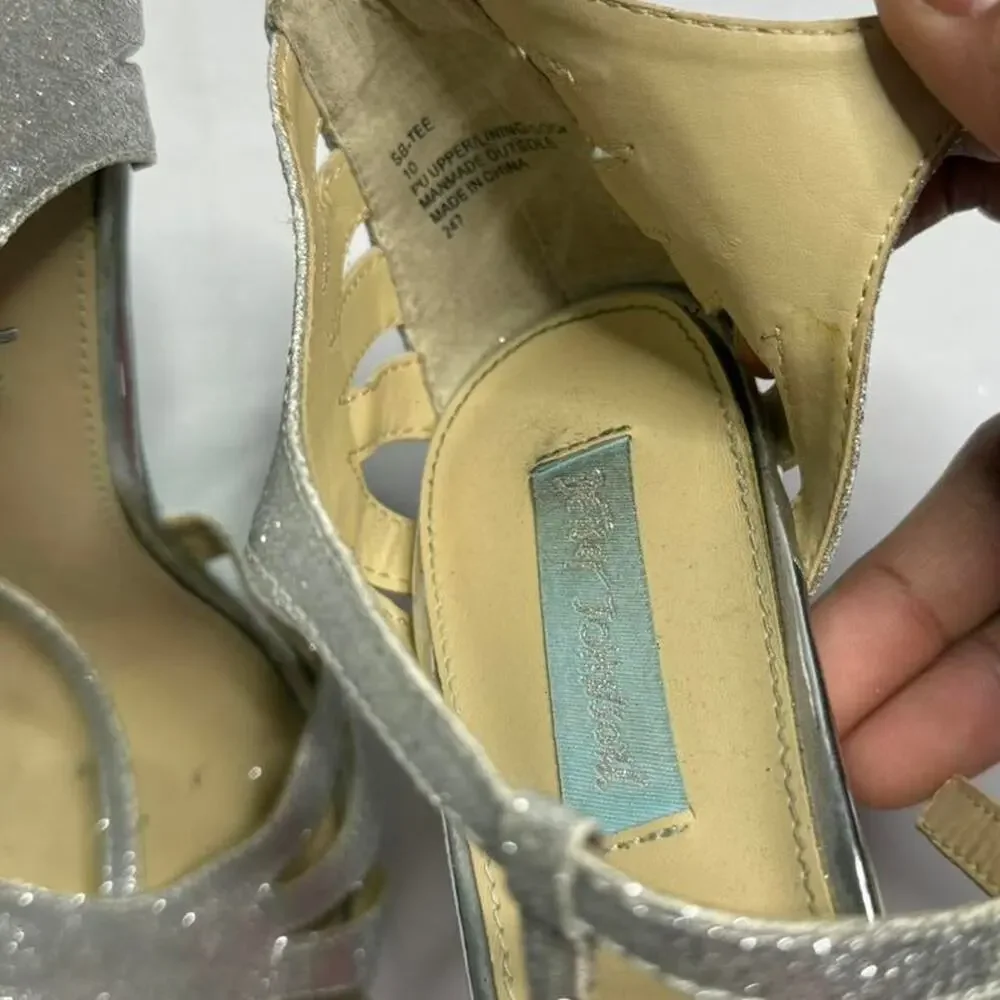 Betsey Johnson Vintage Silver Sparkly Y2K BabyBlue Bottom Heels Man Made Size 10